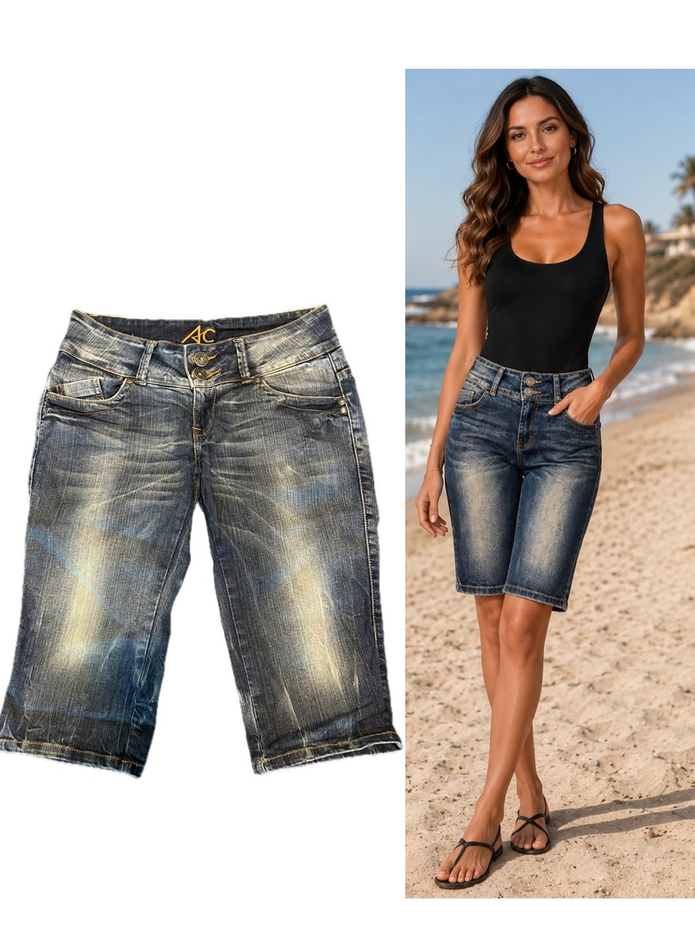 Dark Blue Distressed faded Denim Bermuda Shorts Sz s stretchy Y2K